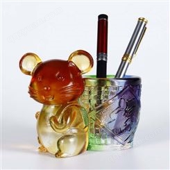定制琉璃笔筒摆件生肖老鼠可爱礼物水晶工艺品生日礼品办公室桌面